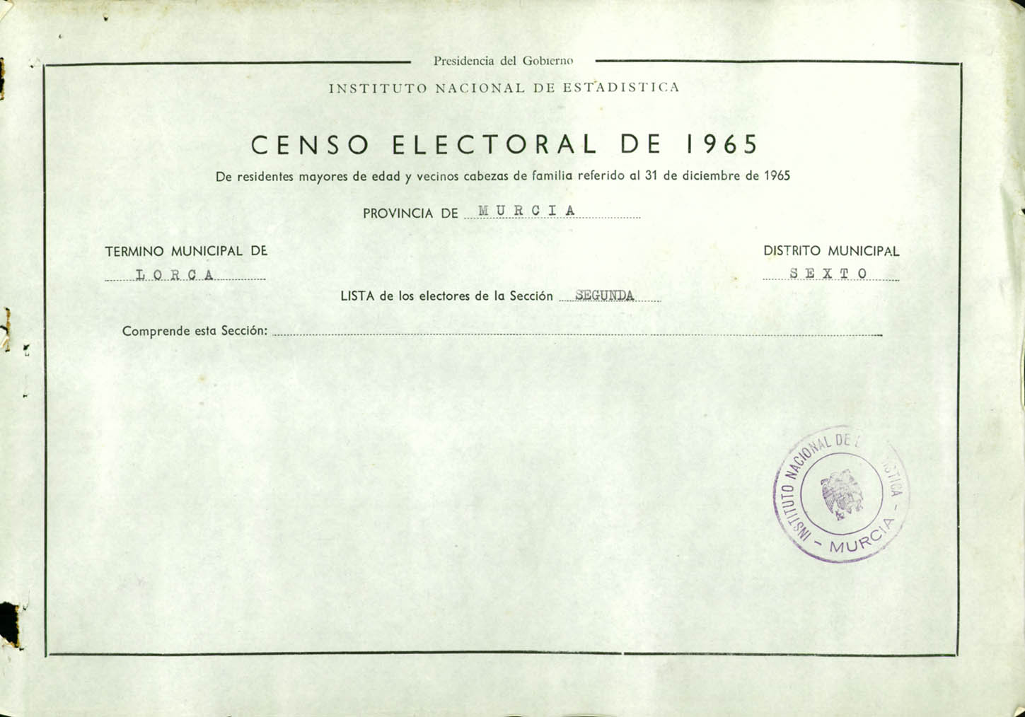 Censo electoral provincial de 1965: listas definitivas de Lorca, Distrito 6º, sección 2ª.